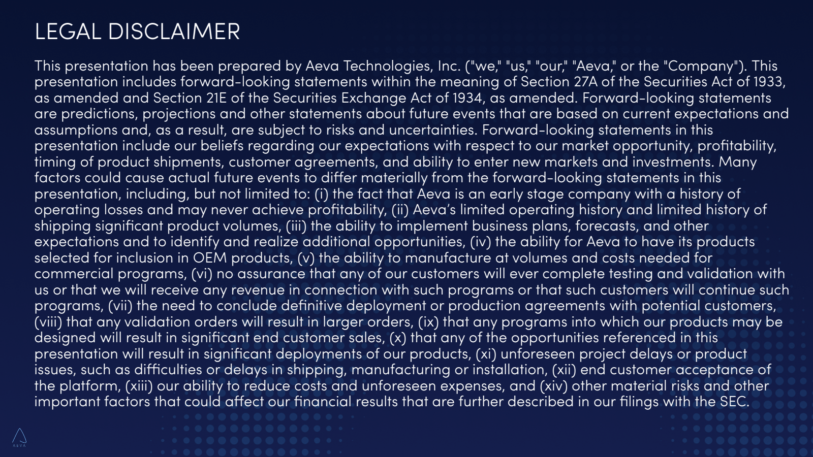 AEVA

LEGAL DISCLAIM