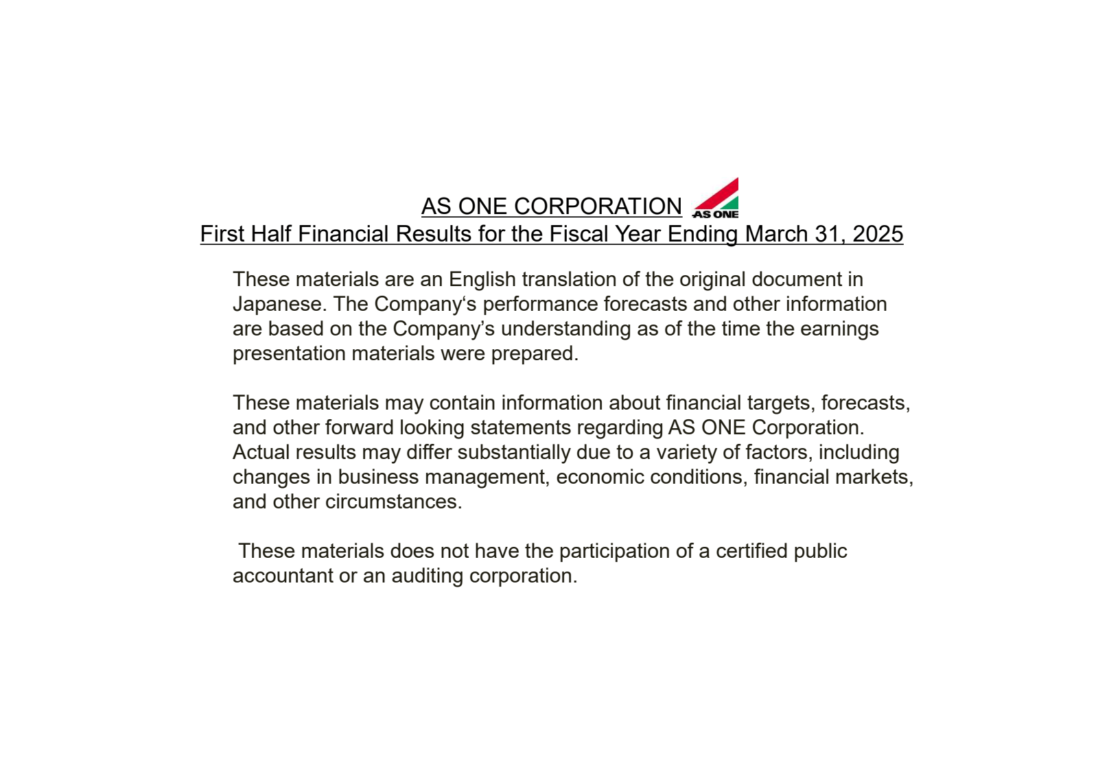 AS ONE CORPORATION 
