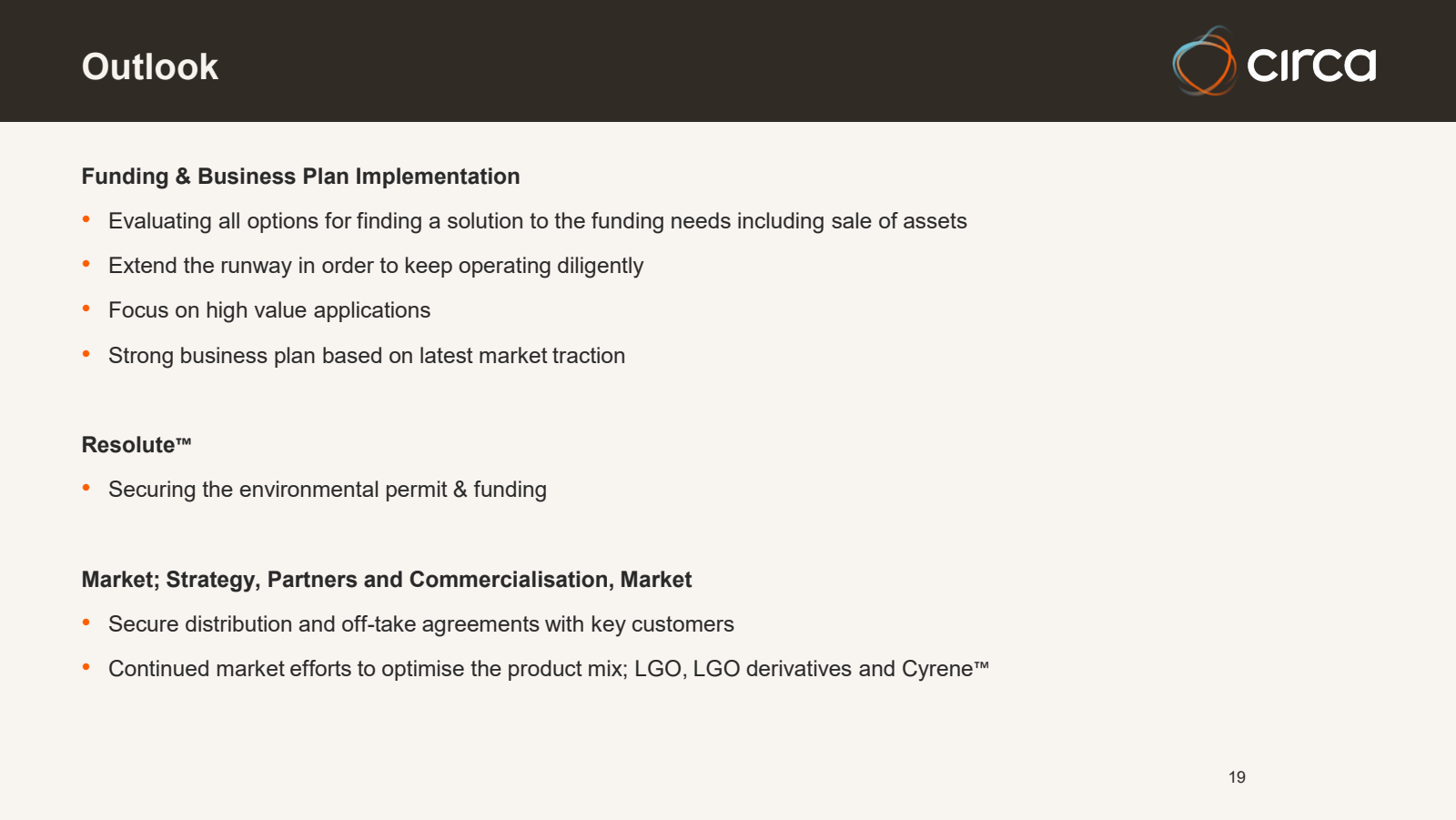 Outlook 

Funding & 