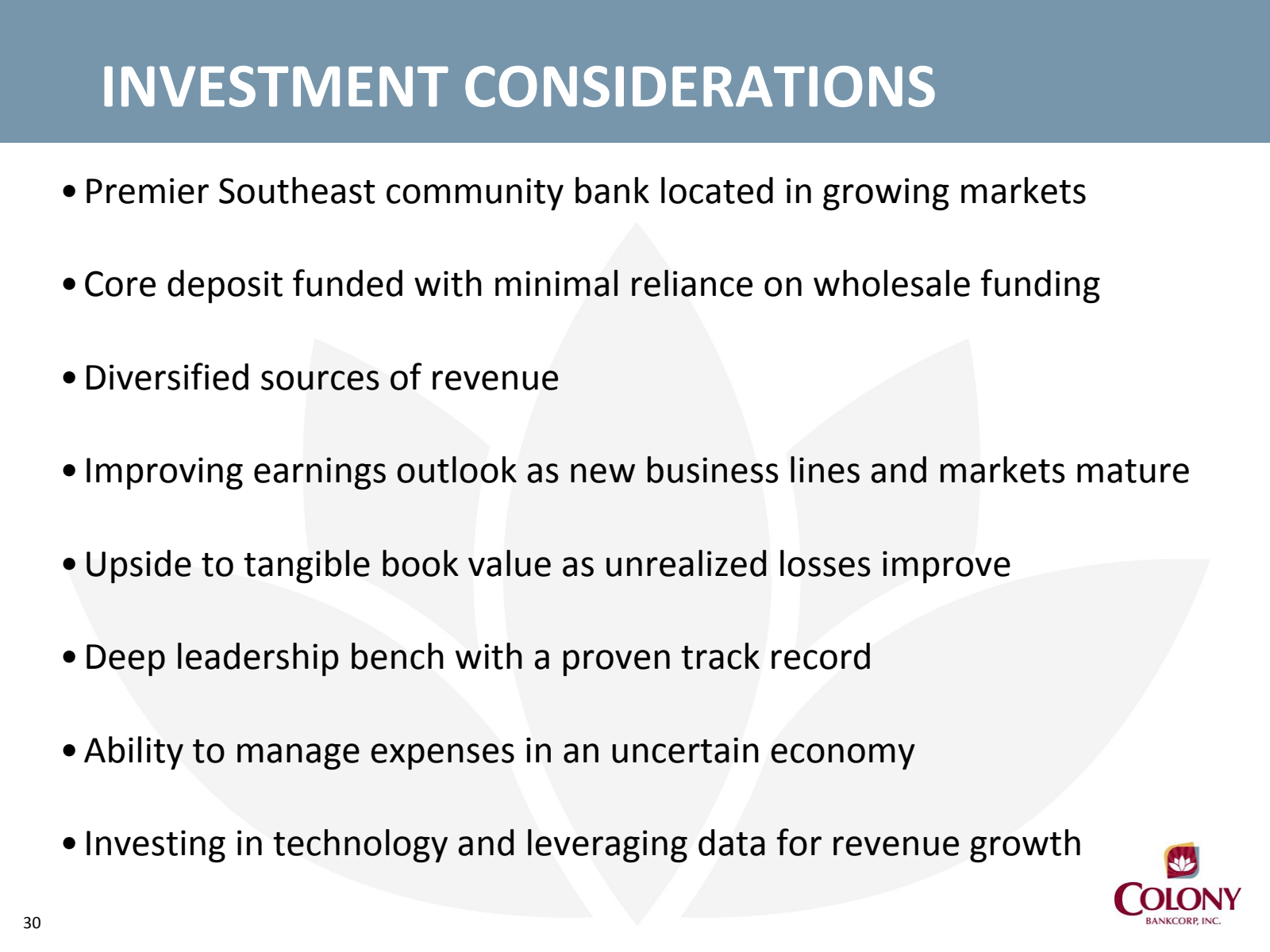 30 

INVESTMENT CONS