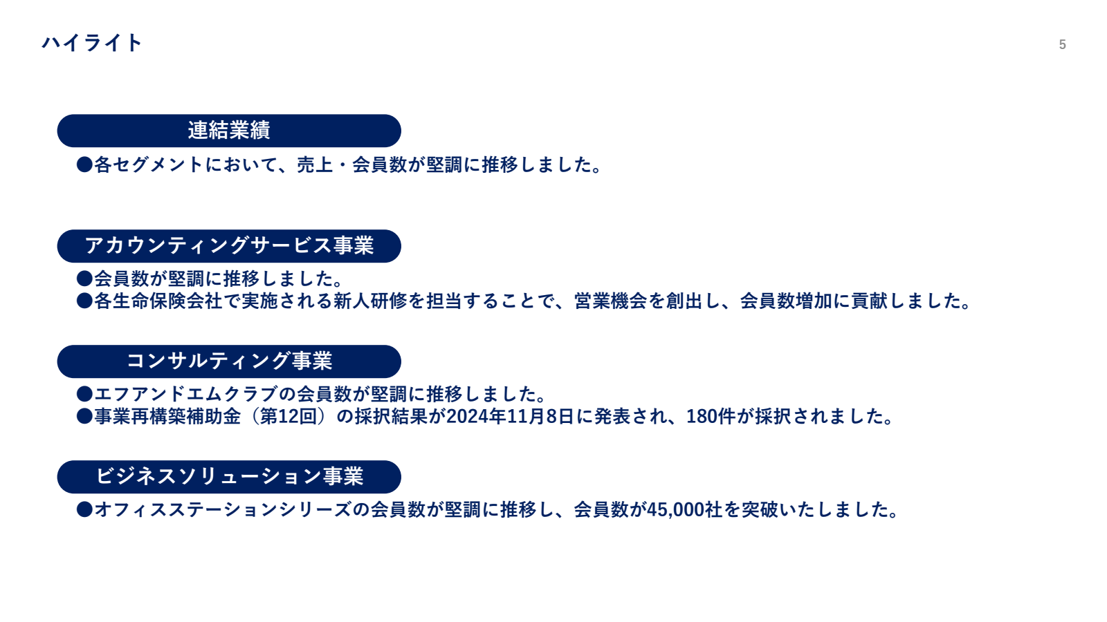 ハイ ライト 

連結 業績 

● 各