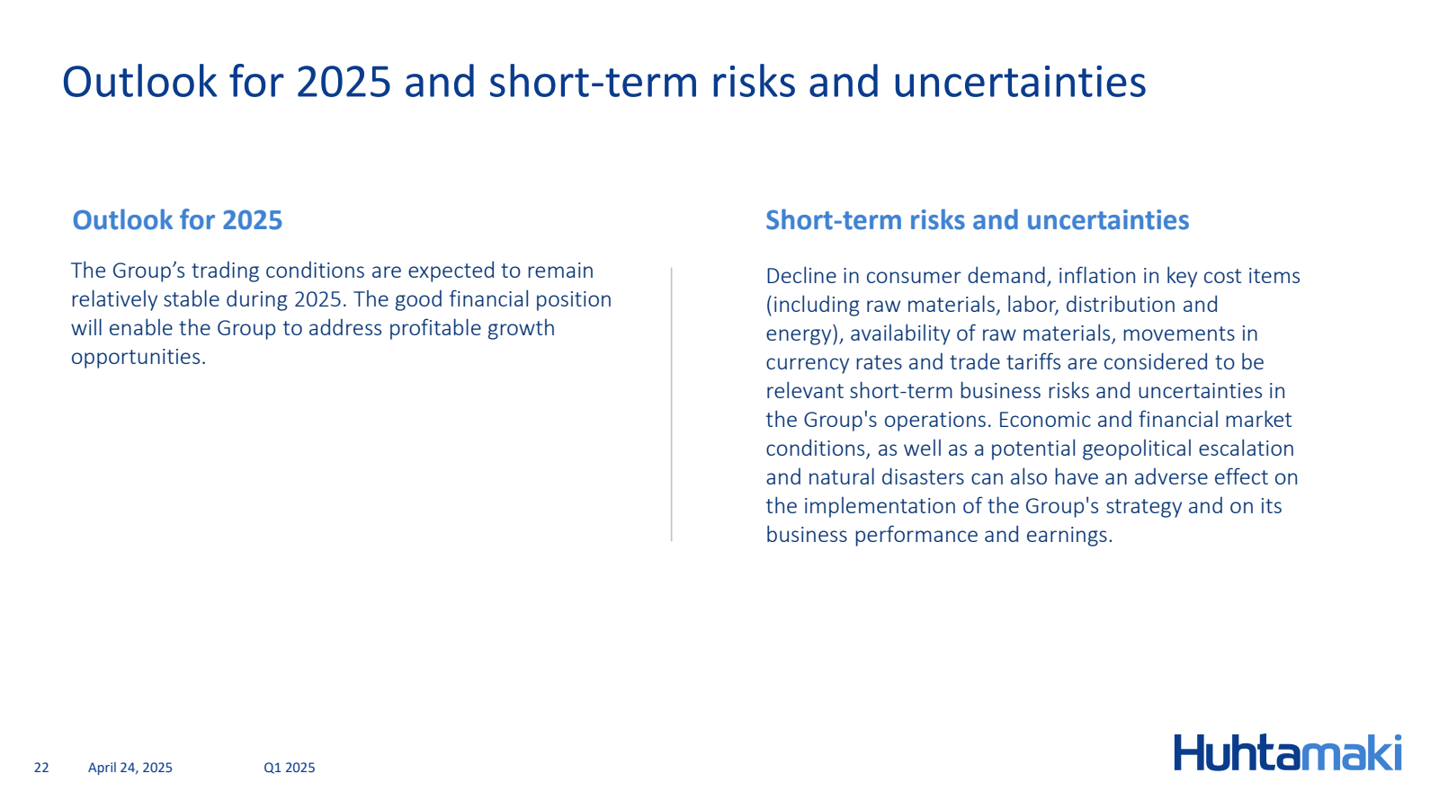 Outlook for 2025 and