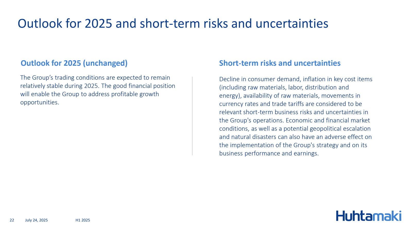 Outlook for 2025 and