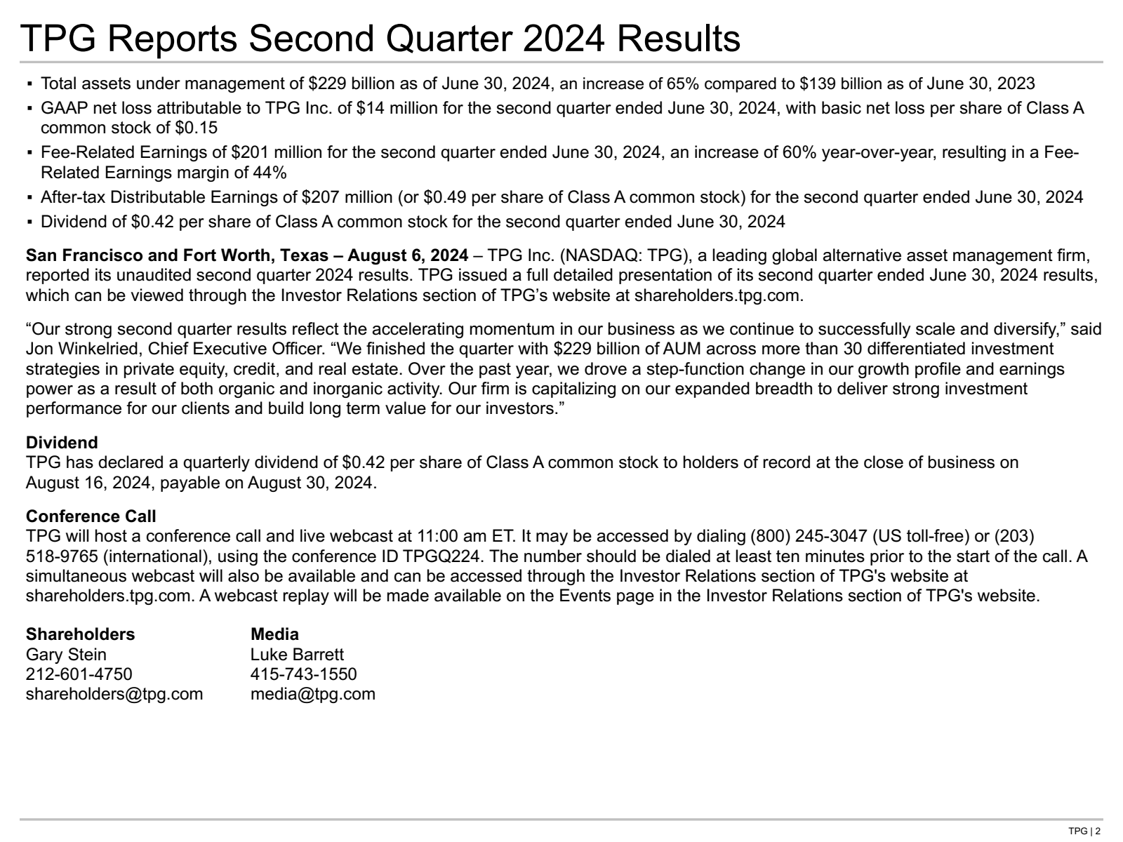 TPG Reports Second Q